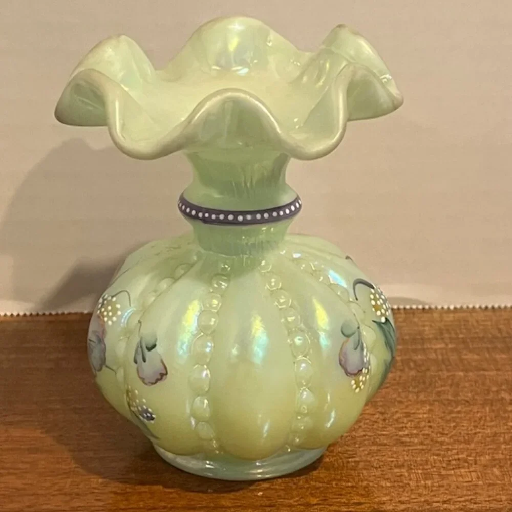 Fenton Iridized Sea Green Beaded Melon Pansies Vase Signed Frank & Tom Fenton